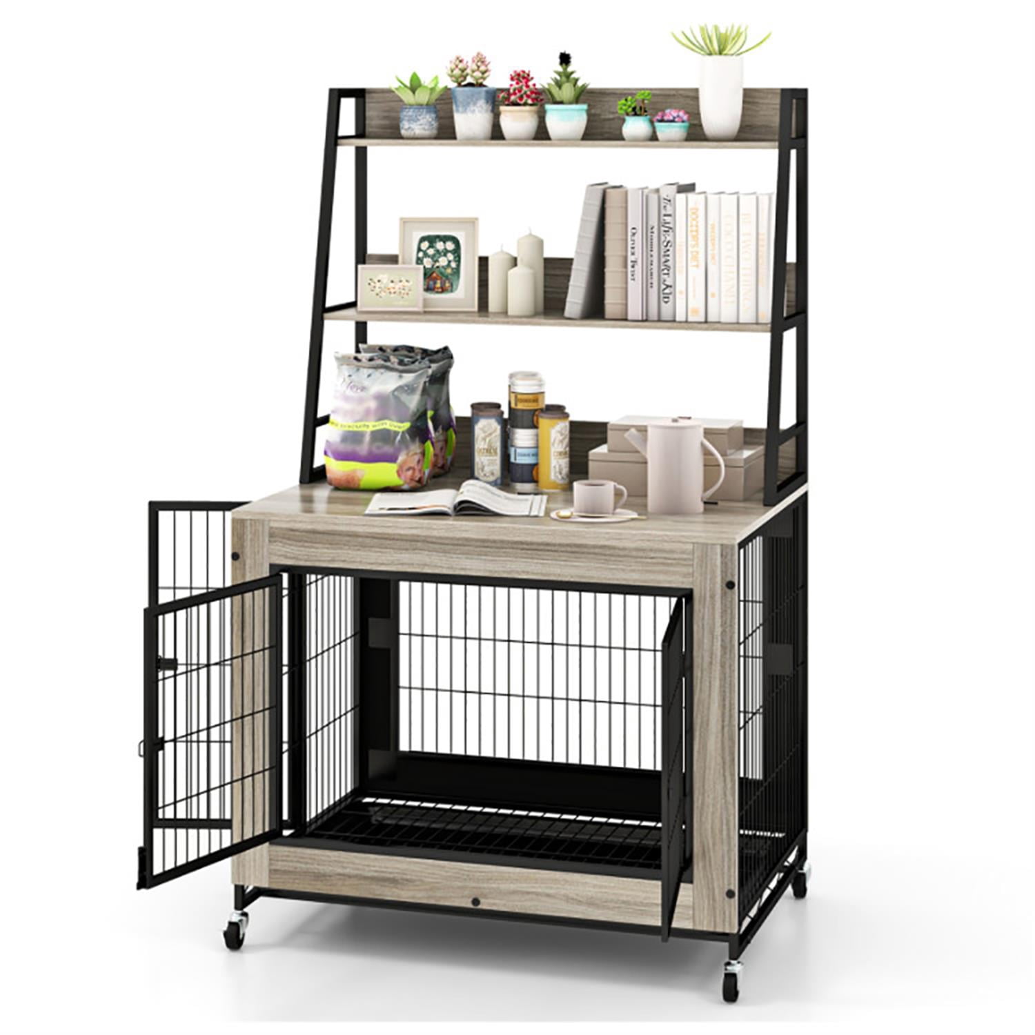 Demi Bonn 38" Industrial Dog Crate Furniture with Storage Shelves, Wooden Kennel Table with Double Doors, Indoor Dog House for Medium Dogs, Gray