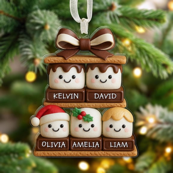 Personalized S’mores Family Ornament 2025 – Cute Marshmallow Family Christmas Ornament, Custom Name Cocoa Mug Decor, Holiday Family Gift