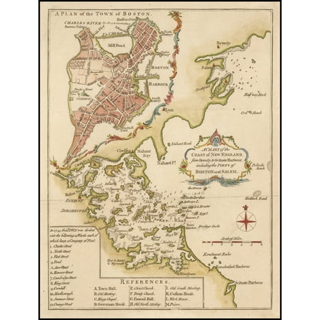 LAMINATED POSTER A Plan of the Town of Boston. [on sheet with] A Chart of the Coast of New England, from Beverly to Scituate Harbour, including the Ports of Boston and Salem. POSTER PRINT 24 x