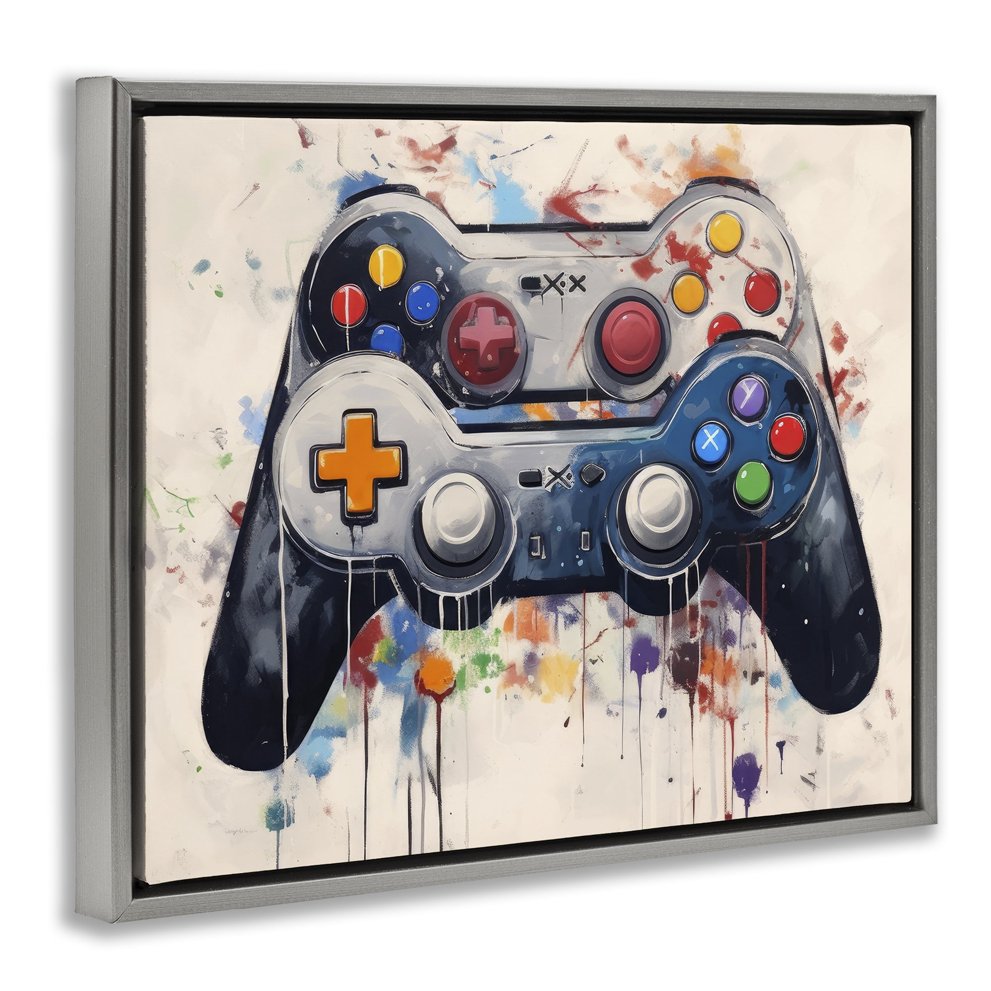 Stupell Industries Joystick Journeys Controller Duo Gray Framed Floater Canvas Wall Art, design by Lazar Studio