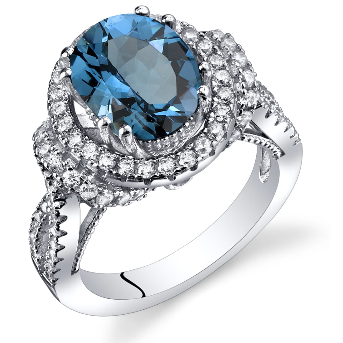 Ice Gems Sterling Silver Genuine London Blue Topaz and Blue Topaz Oval-Cut Cluster Ring