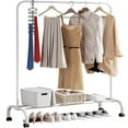 thumbnail image 3 of SUSUZI 51” Single Rod Clothes Rack, Heavy-Duty Garment Rack with Wheels, Closet Organizer with 6 Hooks & Bottom Storage, White, 3 of 8