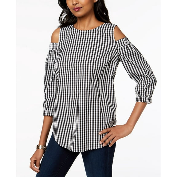 Charter Club Gingham Cold Shoulder Tunic Deep Black Combo S