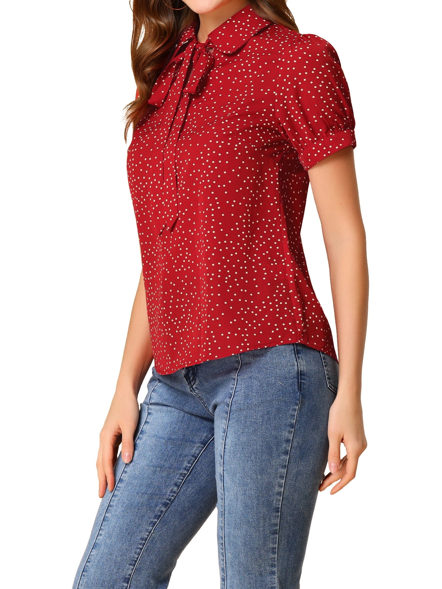 DARING DIVA Women's Polka Dots Tie Bow Chiffon Blouse S Red-Dots