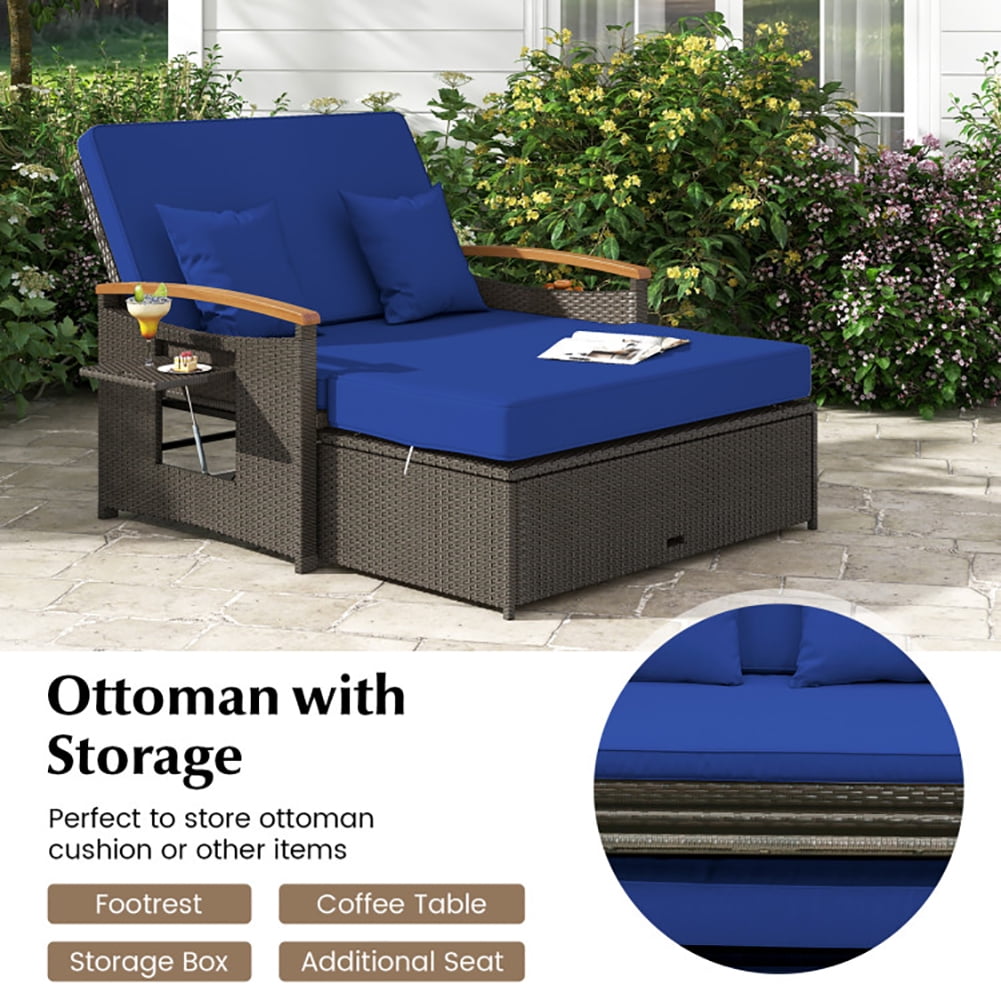 Aimee Lii Outdoor Wicker Daybed with Folding Panels and Storage Ottoman, Outdoor Patio Furniture, Navy
