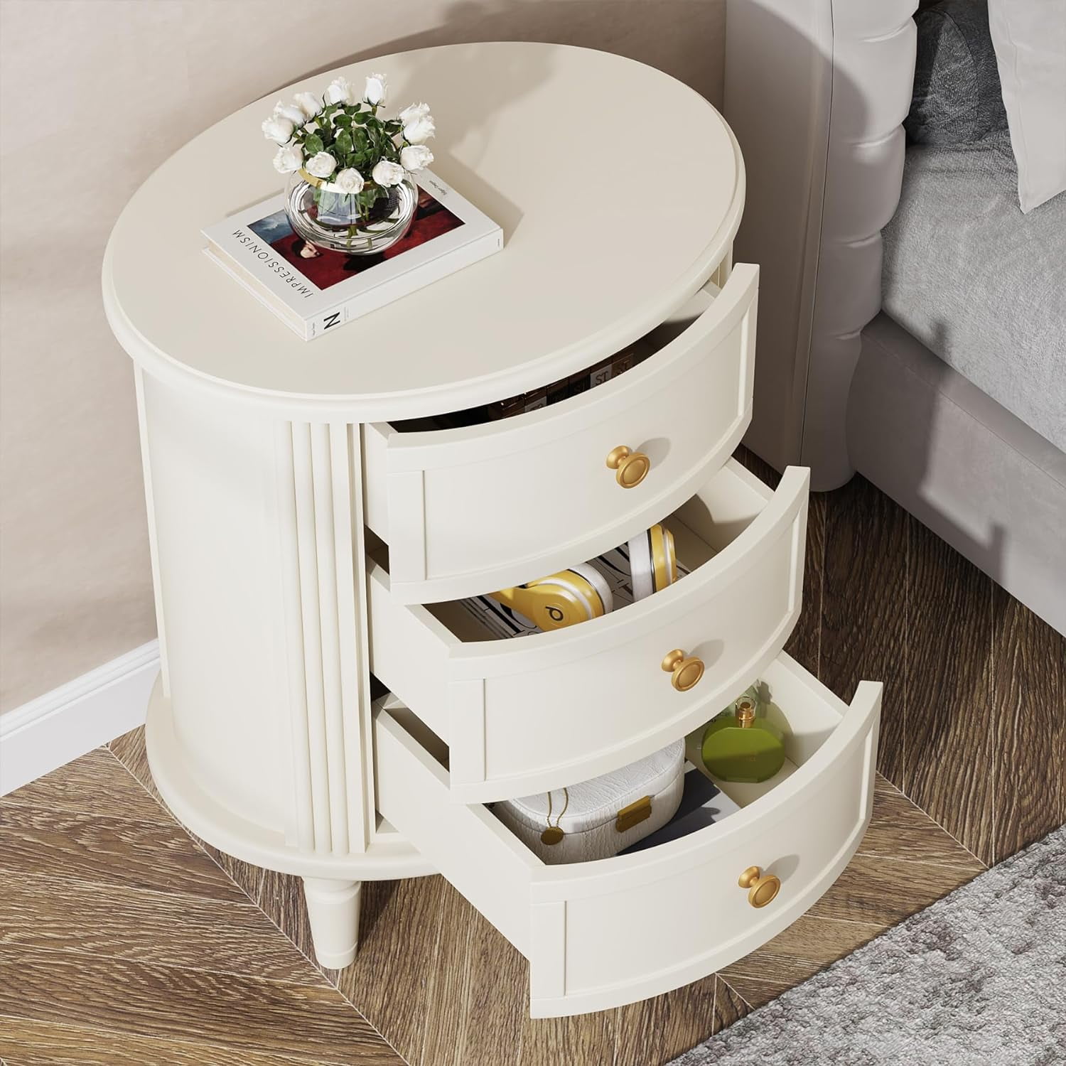 Finmind 3-Drawer Nightstand, Fully Assembled Oval Bedside Table with Storage, Off-White