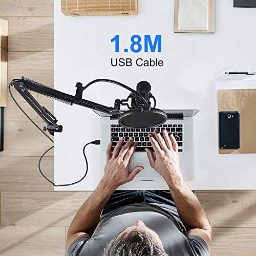 USB Condenser Microphone Bundle Kit,192KHZ/24BIT Professional Cardioid Computer Mic with Adjustable Scissor Arm Stand Shock Mount and Gain Knob for Recording,for Podcasting,Gaming,YouTube (Black)