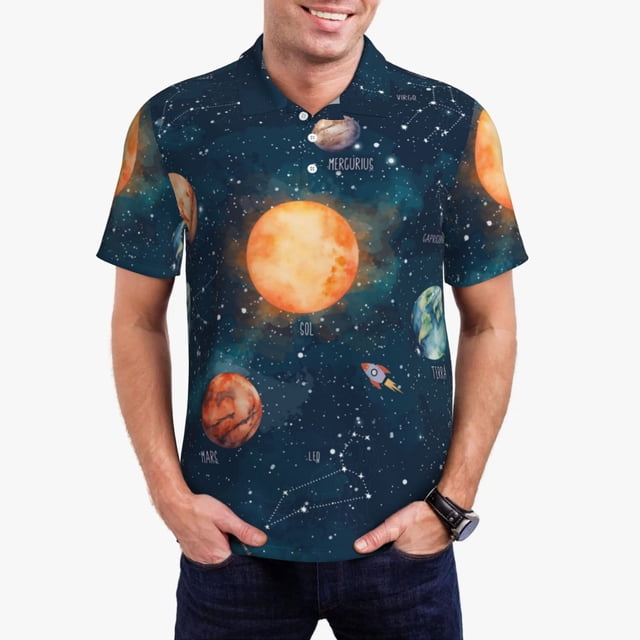 Bingfone Solar System And Planets for Men's Button-down POLO Shirts, Quick-drying Shirts and T-shirts for Summer, Suitable for Vacation and Business-X-Large