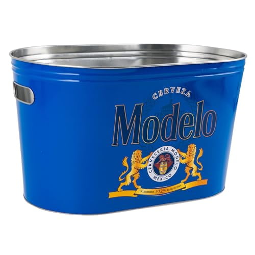 Modelo Blue Food Beer Soda Soft Drinks Party Bucket Container Large All Metal Canister W/Handle Holes Oval Galvanized Beverage Tub 16x10x9.5