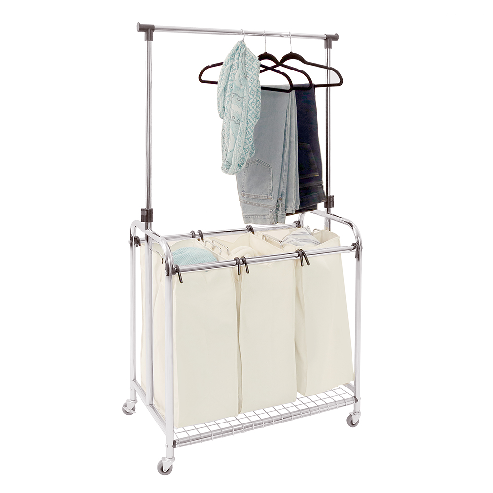 Seville Classics 3-Bag Heavy-Duty Laundry Sorter with Clothes Rack, Black, Off-white and Silver - image 3 of 11