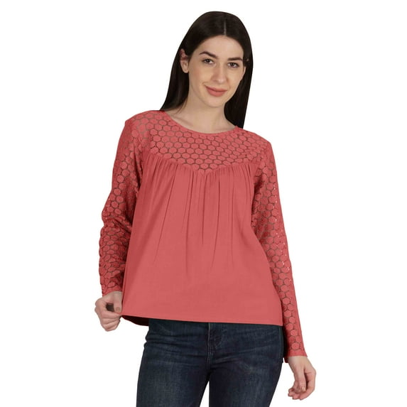 Moomaya Victorian Style Lace Top For Women Long Sleeves Casual Plain Tunic