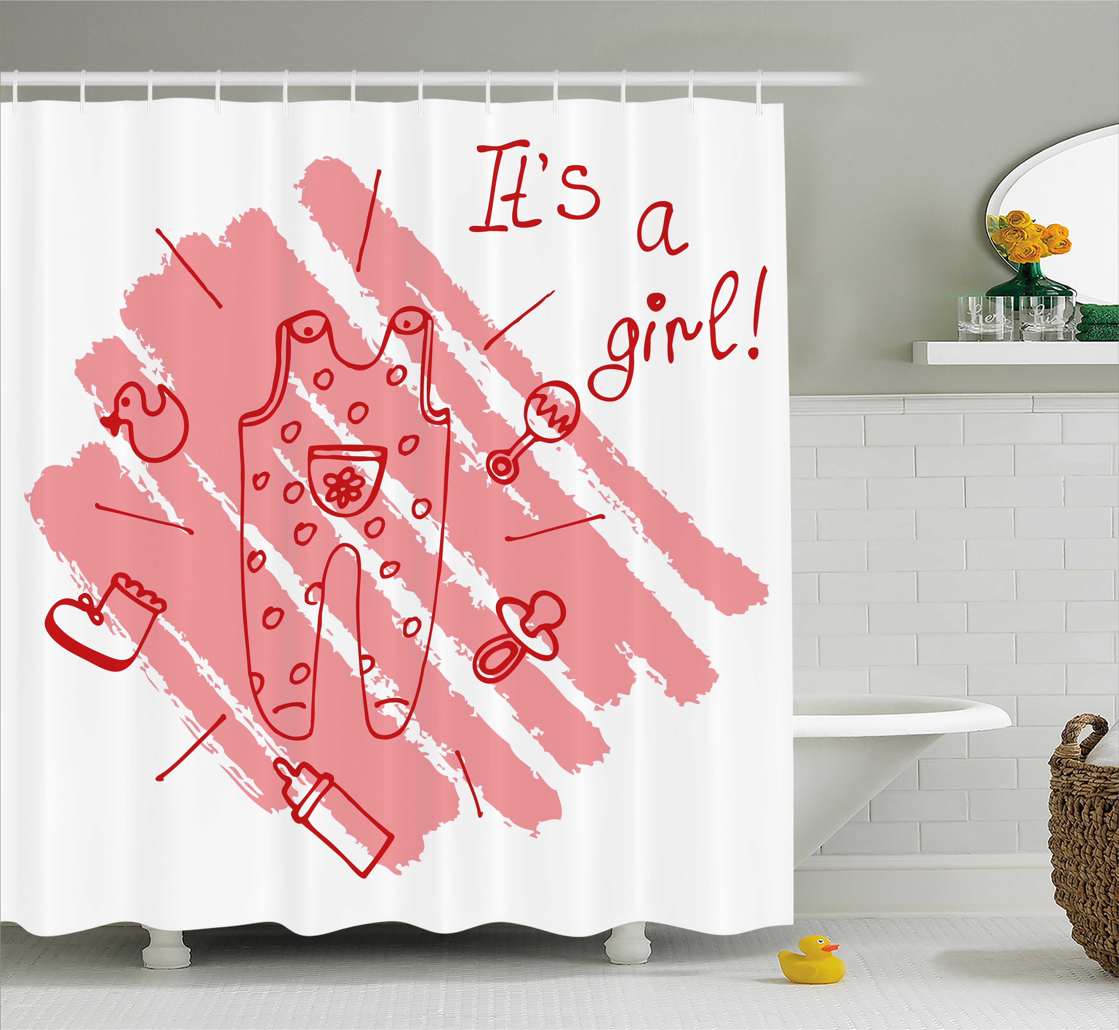 Gender Reveal Decorations Shower Curtain, Little Baby Girl Pastel Backdrop Toys Mom Pacifier Greeting Print, Fabric... by Kozmos
