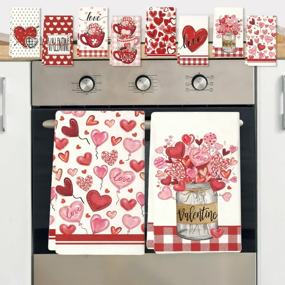 Yhmxh Valentines Day Kitchen Towels, Valentine Dish Towels Set of 2, Farmhouse Valentine's Hearts Rose Dish Hand Towel with Black White Buffalo Plaid, Love Gifts Decor for Lover Girlfriend