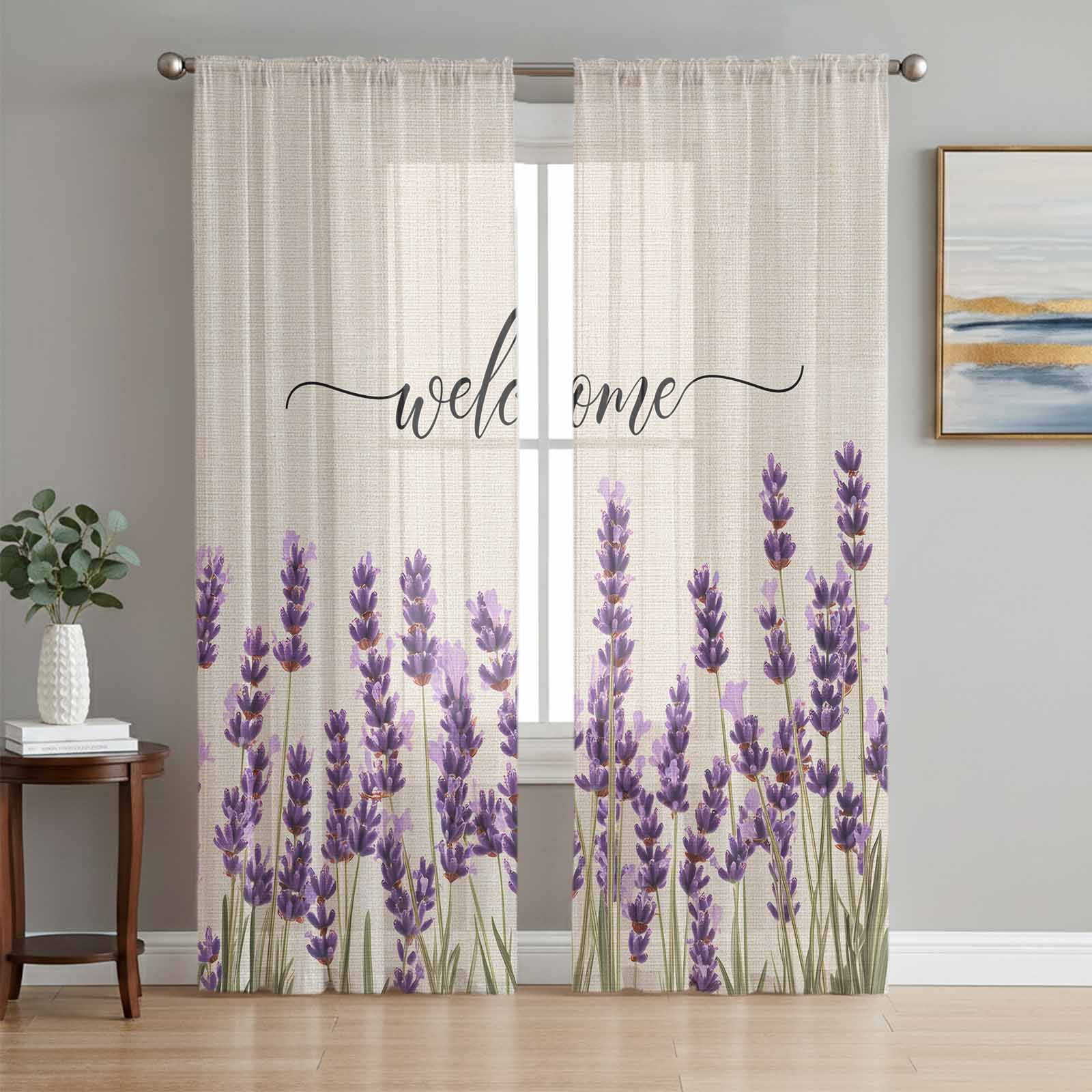 Purple Lavender Sheer Curtains 84 Inches Long 2 Panels, Semi Sheer Rod Pocket Window Curtains Light Filtering Drapes Spring Pastoral Linen Texture for Living Room Bedroom