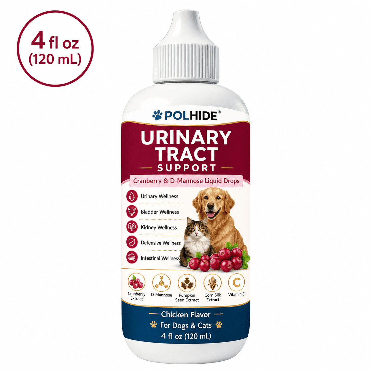 POLHIDE Cranberry Urinary Tract Supplement for Dogs and Cats, Kidney Bladder Health, D-Mannose, Bacon Flavor, 4 fl oz