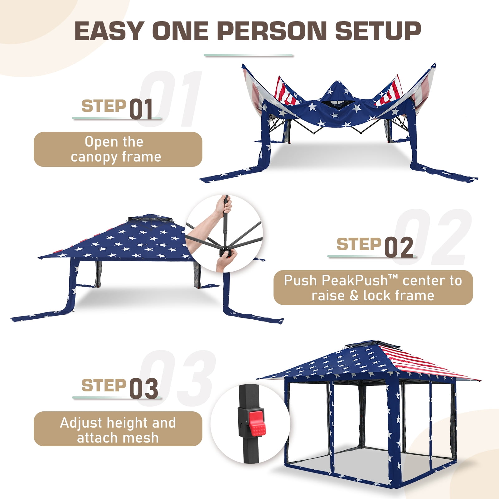 EAGLE PEAK 13 x 13 ft Pop-Up Gazebo Tent Instant w/ Mosquito Netting，Outdoor Gazebo Canopy Easy Set-up Folding Shelter (American Flag)