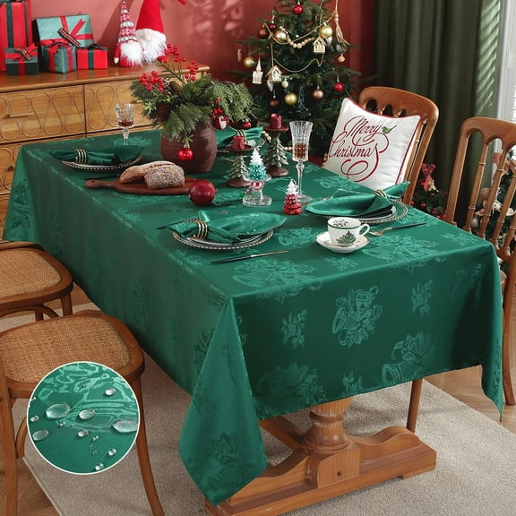 SASTYBALE Christmas Tablecloth Jingle Bells Holly Berry Jacquard Waterproof Wrinkle Free Damask Table Cloths, Fabric Table Cover for Xmas, Holiday, Winter, Party
