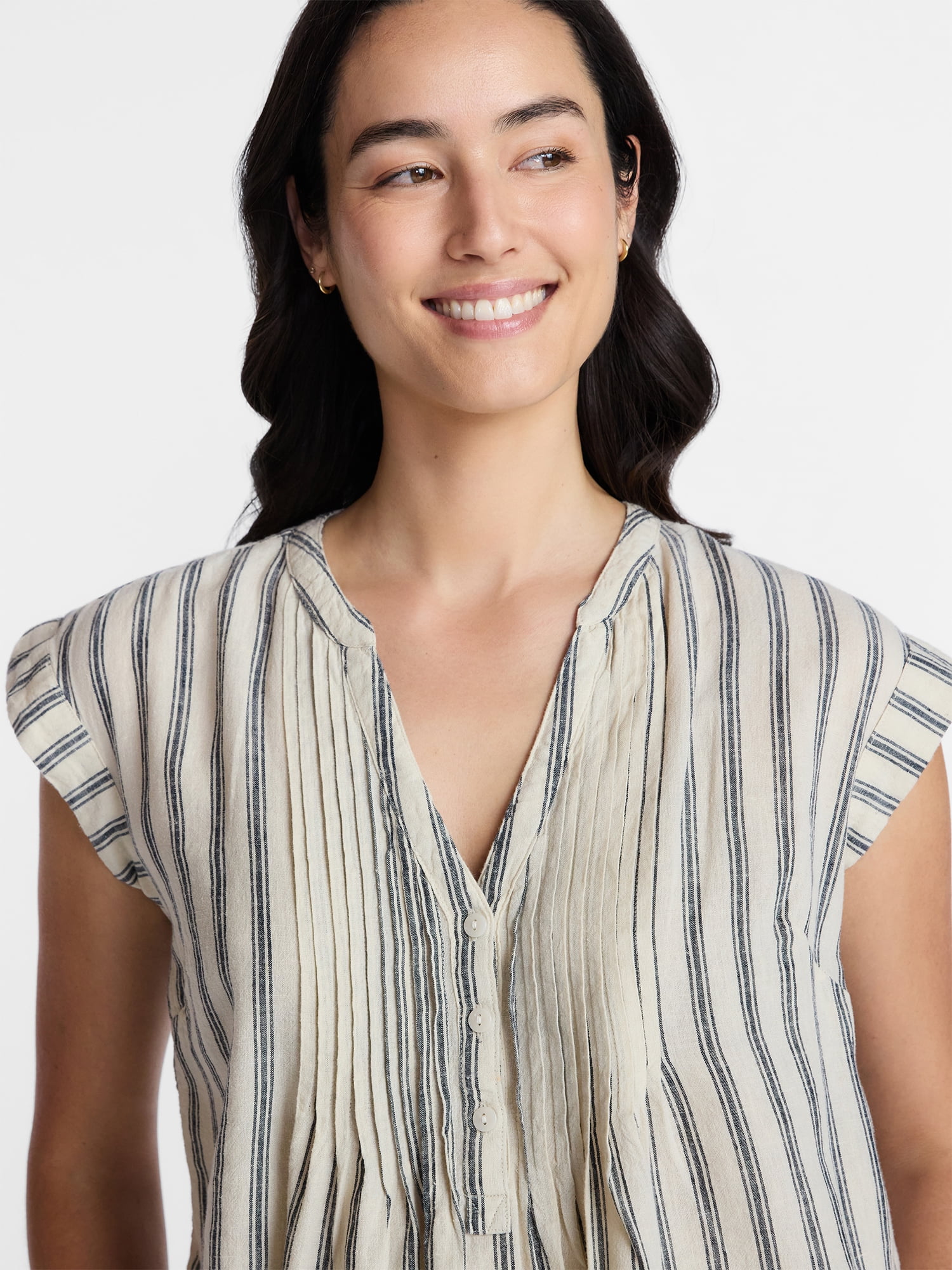 Time and Tru Women's Linen Blend Pintuck Top with Short Sleeves, Size XS-XXXL