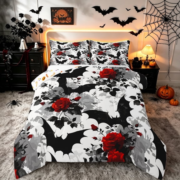 Erosebridal Romantic Bat Floral Full Size Comforter Sets, Red Rose Bedding Comforter Set, Dark Gray White, Halloween Reversible, 3pcs, 1 Comforter and 2 Pillowcases