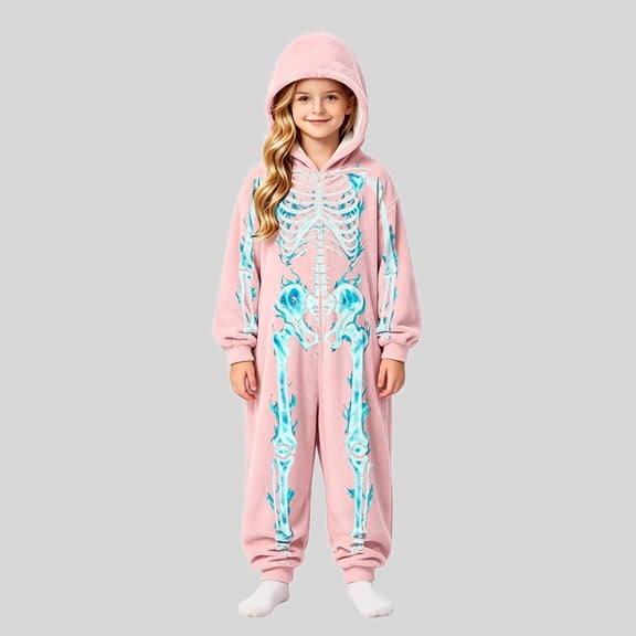Ticikt Kids Skeleton Hooded Onesie, Fleece Zip‑Up Halloween Cosplay Costume Warm Loungewear One‑Piece Sleep Jumpsuit,8-9 Years