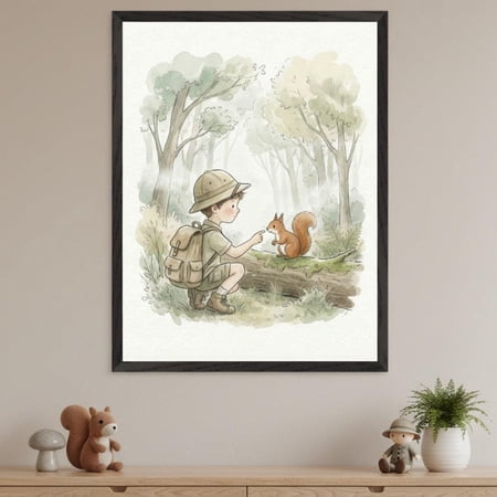 Explorer Boy Playroom Wall Art Woodland Nursery Decor Watercolor Style Forest Illustration Whimsical Squirrel Print Adventure Nursery Decor