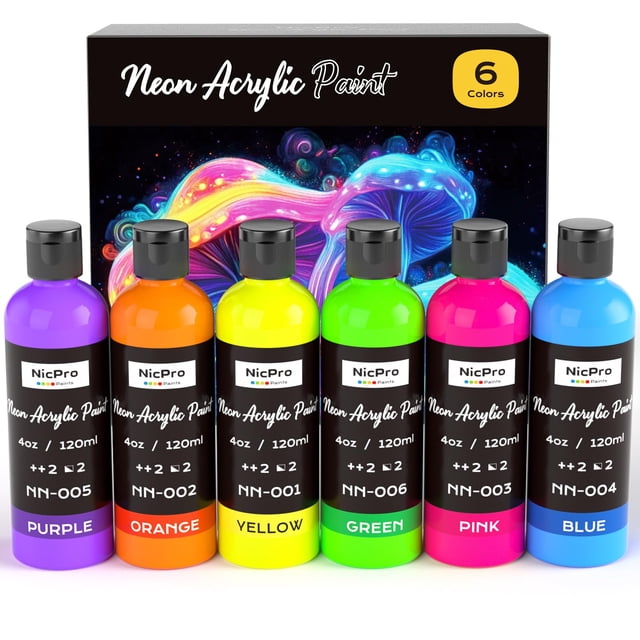 Set de pintura acrílica Nicpro 6 colores fluorescentes, 120 ml, luz negra
