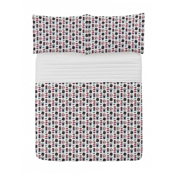 French Cafe Microfiber Bedspread Set, Colorful Cartoon Pattern of Paris Bags Macaroons Strawberries Coffee Cups, Soft Bedding Set with Pillow Shams & Comforter, 3 Sizes, White Multicolor, by Ambesonne
