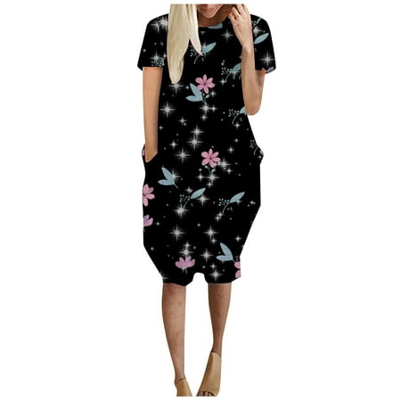 

LWZWM Womens 2023 Summer Floral Print Boho Dresses Short Sleeve Crew Neck Easter Gifts for Mom Black XXXXXL