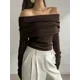 thumbnail image 1 of Suéter de punto adelgazante de otoño Bornladies, suéter básico sólido de moda para mujer, suéter sexy de un solo hombro para oficina con mangas largas, 1 of 2