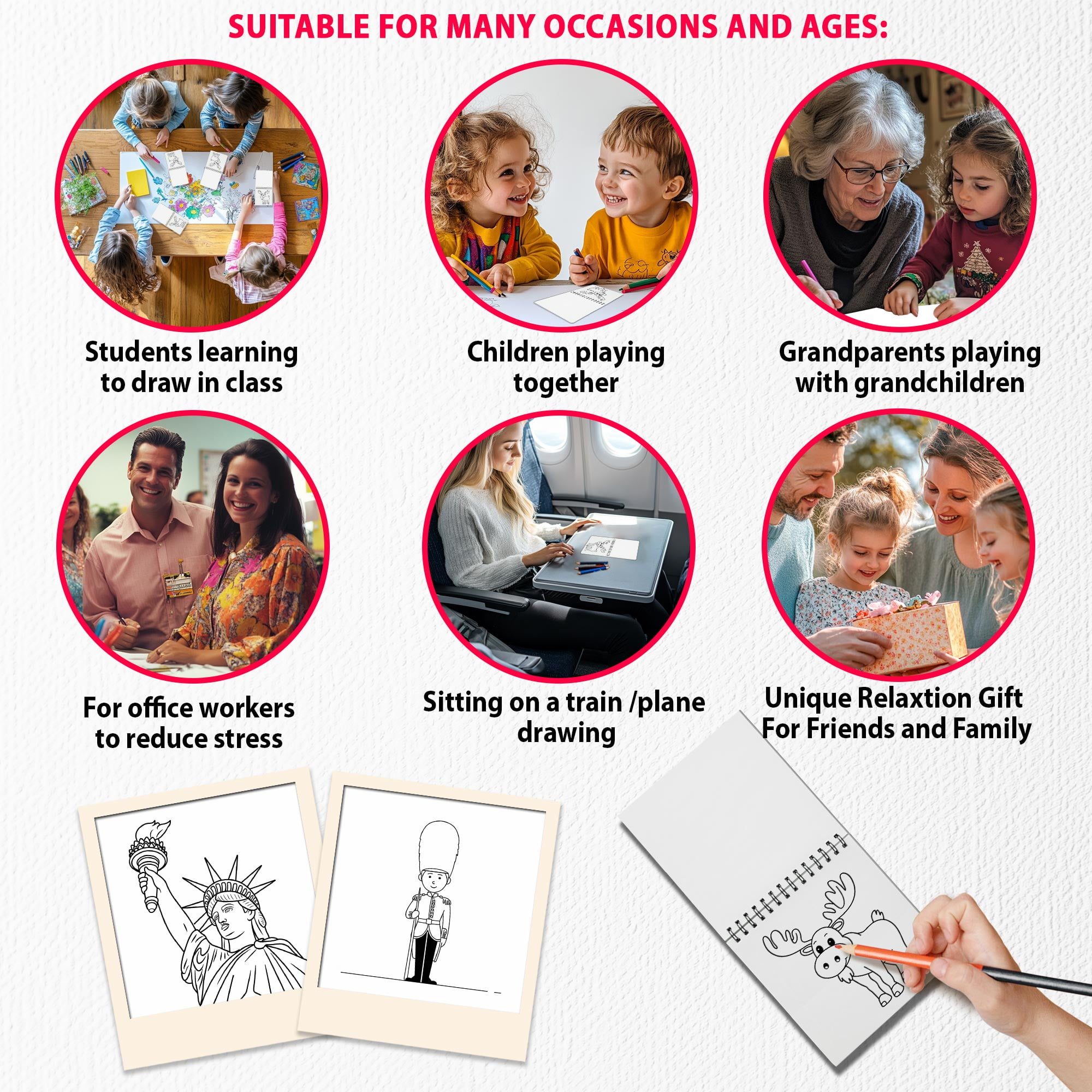 Iconic Countries Mini Coloring Book Spiral Bound for Adult, Pack 6, 3.5” x 3.5” Pocket Size, 40 Coloring Pages Stress & Anxiety Relief, Travel for Women Men