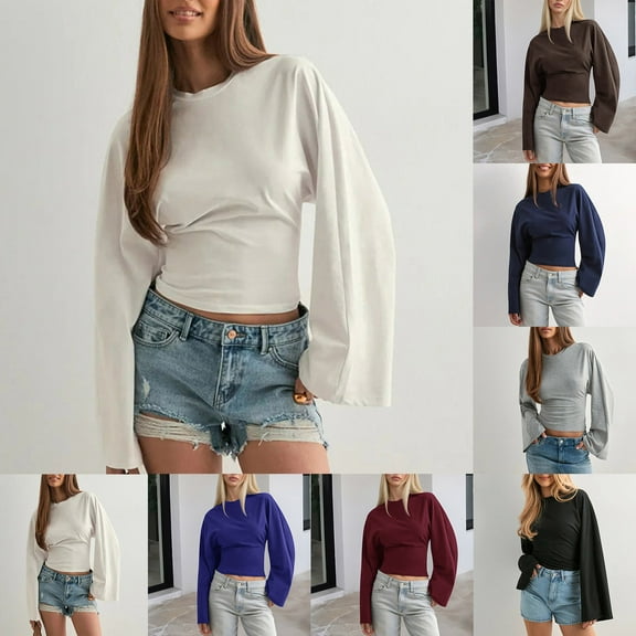 BiZtdJrK Women Trendy Cropped Tops Cinched Waist Flare Long Sleeve Crew Neck T Shirt Loose Fit Going Out Tee Shirts Brown L