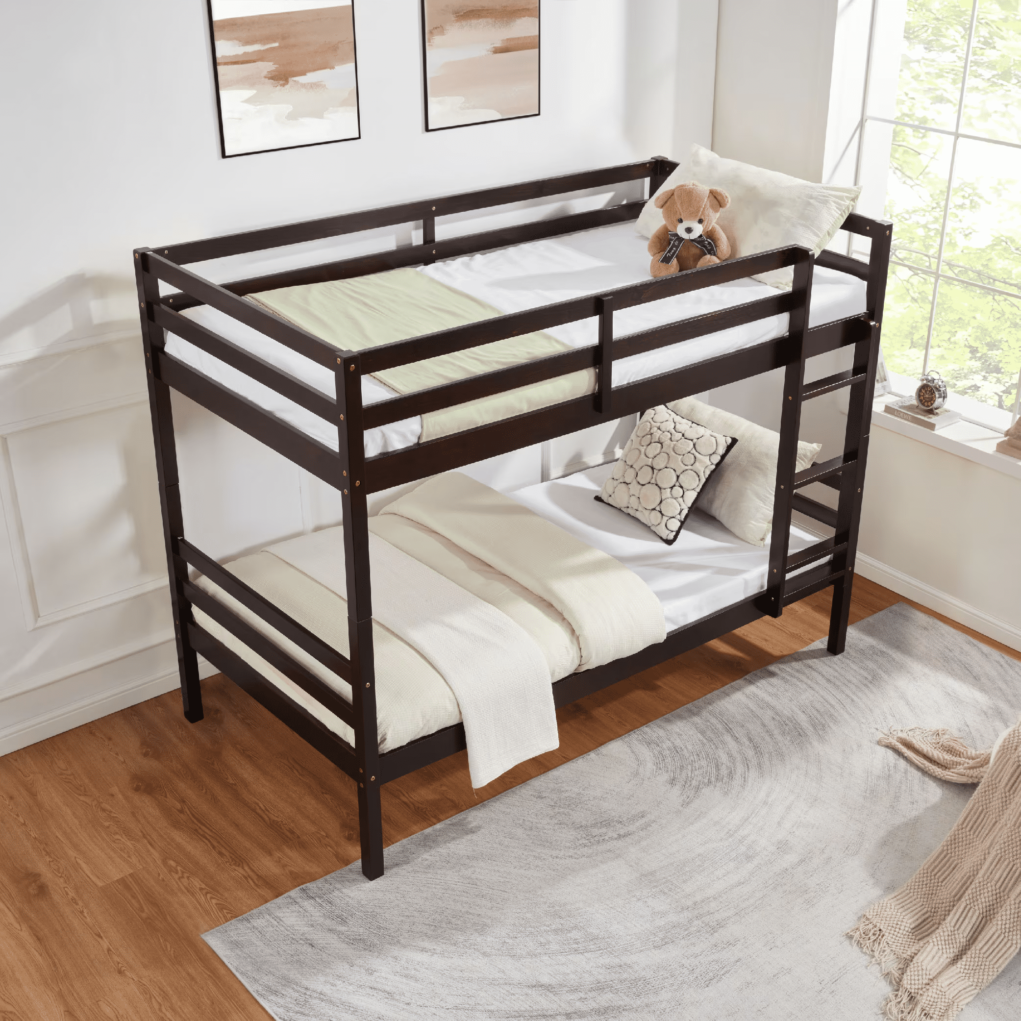MAYEERTY Twin over Twin Bunk Bed with Ladder, Wooden Bed Frame with High Guardrail and Ladder for Kids, No Box Spring Needed, Espresso