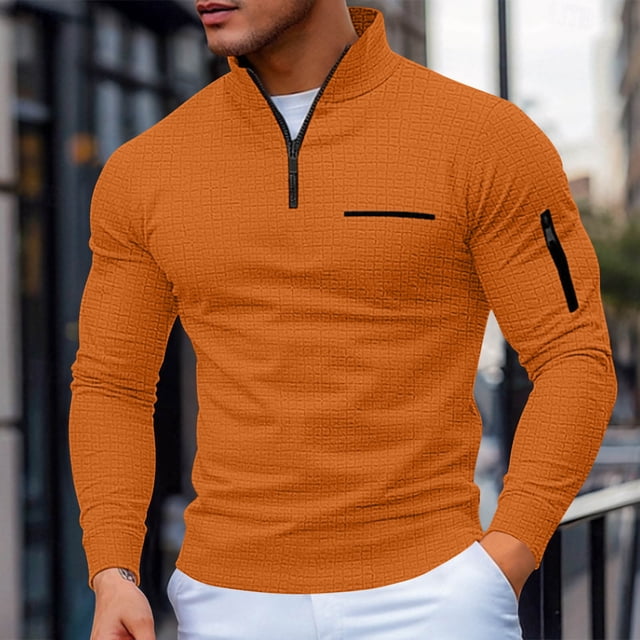 pstuiky camisa de manga larga para hombre, Top a cuadros de cuello alto y manga larga con media cremallera de color liso para hombre Tops de hombre l