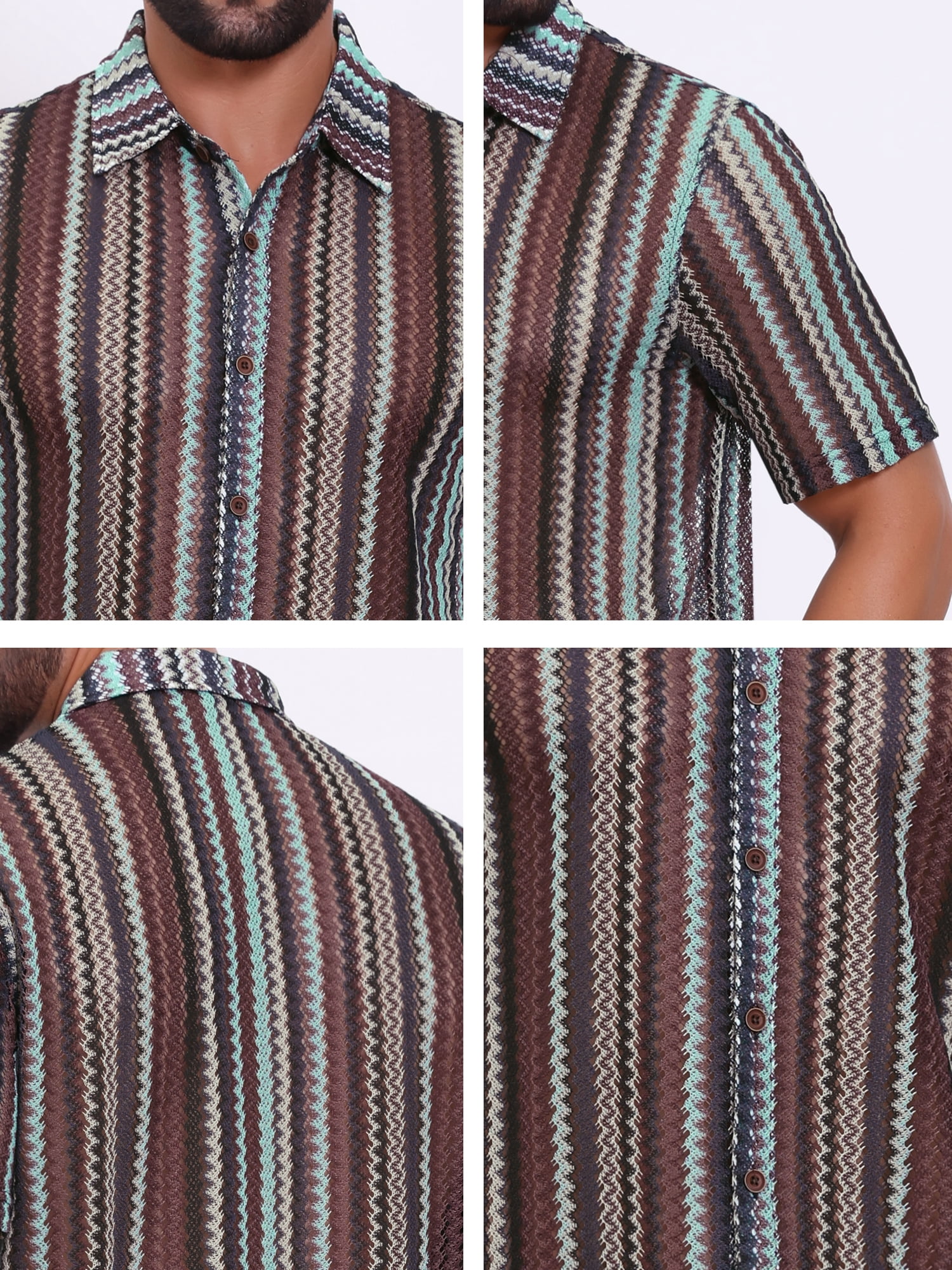 DARING DIVA Men's Striped Short Sleeve Button Down See Through Shirts 2XL Gray Brown