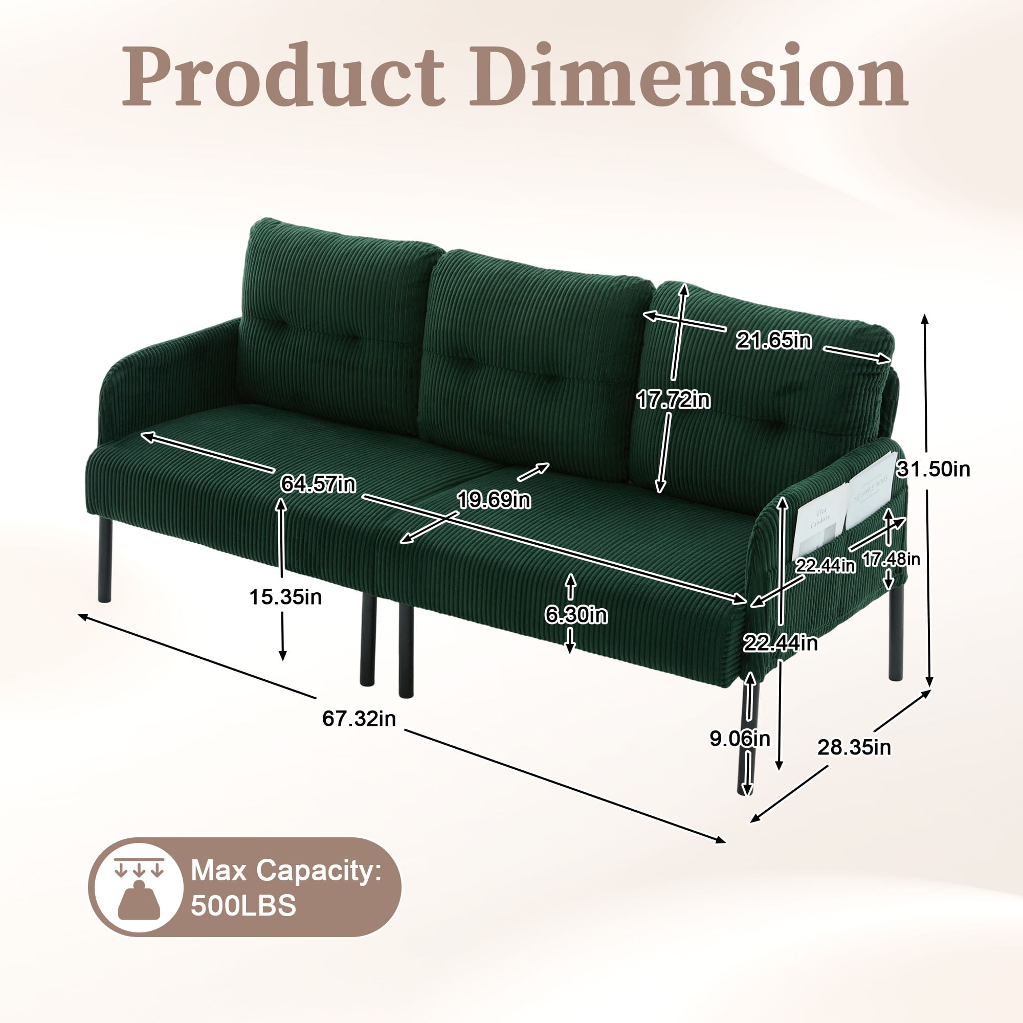S-HOME Modern Plush Corduroy Upholstered Loveseat with Dual Side Pockets and Metal Legs, Sofa for Apartment, Emerald