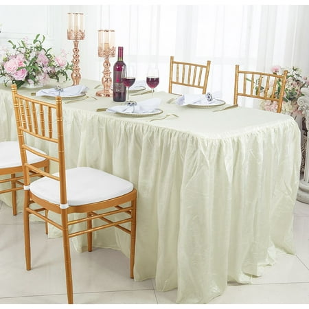 

Wedding Linens Inc. 8 (96 x30 ) Rectangular Ruffled Fitted Crushed Crinkle Taffeta Tablecloth With Skirt - Ivory