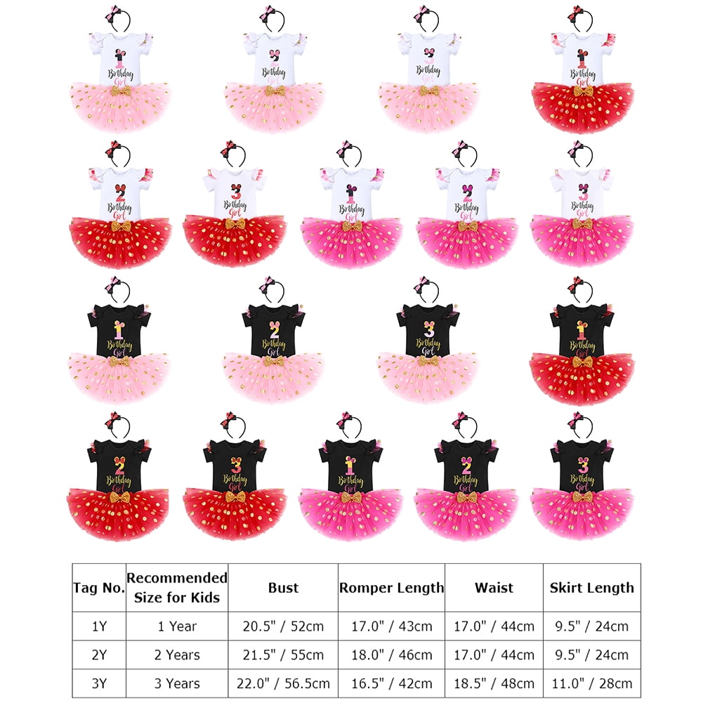 IBTOM CASTLE Toddler Girls 1st 2nd 3rd Birthday Outfit Princess Polka Dots Ruffle Tutu Skirt Mouse Headband Cake Smash Party Clothes Set 3 Years Black + Hot Pink