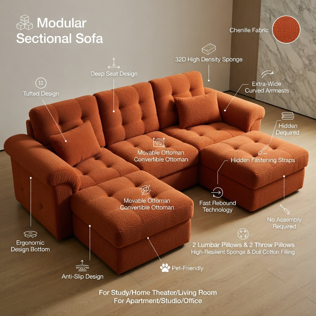 Hommoo Teddy Fleece Modular Loveseat Sofa, 2-Seater Cloud-Like Comfort Couch with Curved Backrest, Lumbar Pillows & Double-Layer Cushions, Orange