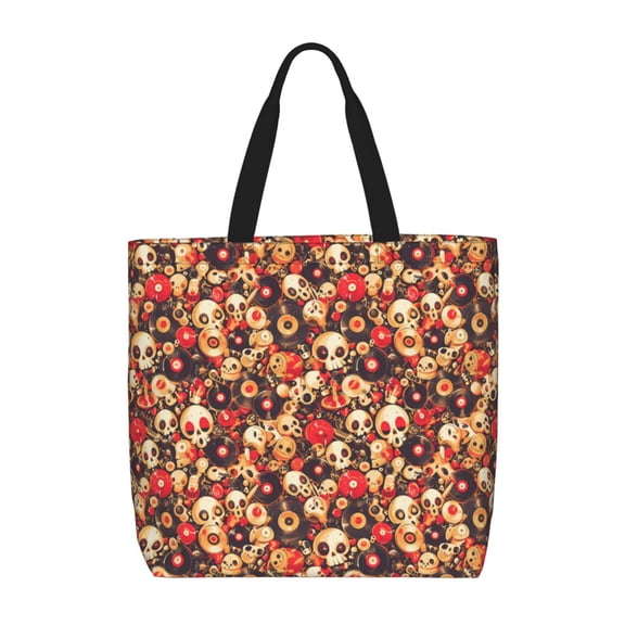 Honeii cute record music Skull Print Tote Bag, Reusable Grocery Shopping Bag,Shoulder Bag with Inner Pocket