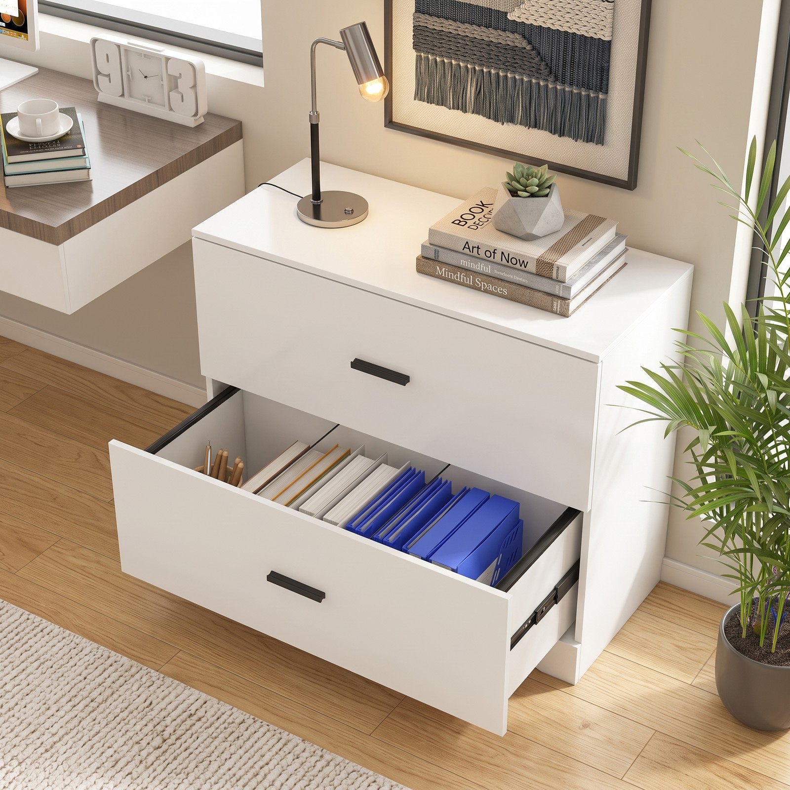 Furnibear 2-Drawer Lateral File Cabinet with Adjustable Bars, Wood Filing Storage Cabinet for Letter Legal A4 Documents, Anti-Tilt Home Office Printer Stand, White