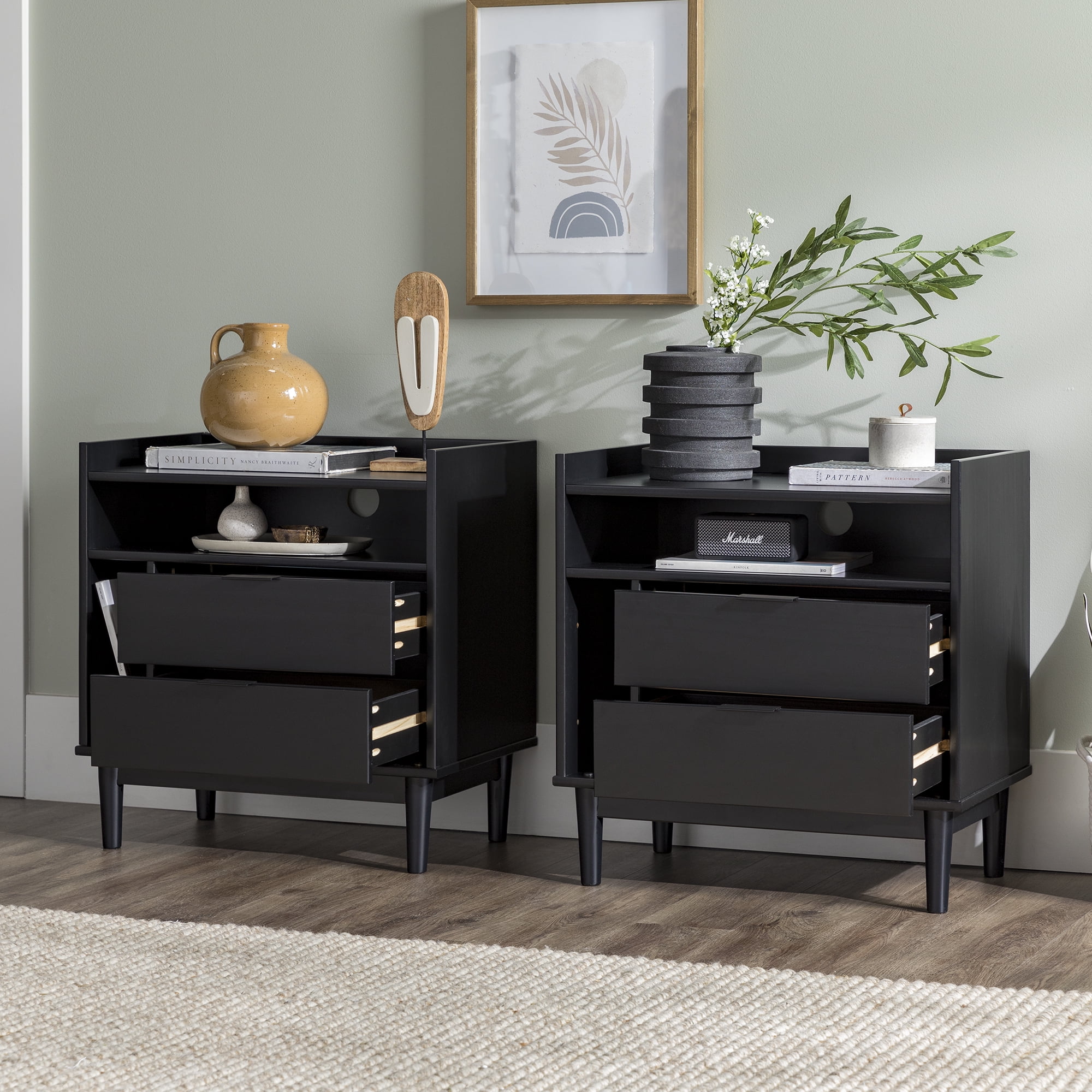 Walker Edison Mid-Century Modern 2-Drawer Wood Nightstand, Set of 2, Black