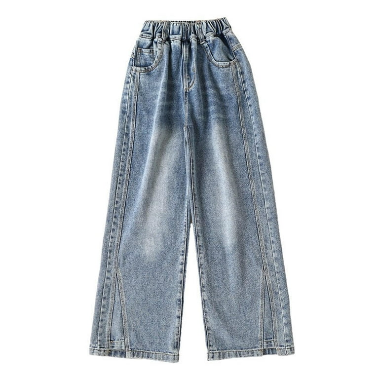 Kids Wide Leg Jeans Girls 10-12 Elastic Waist Faux Denim Pants