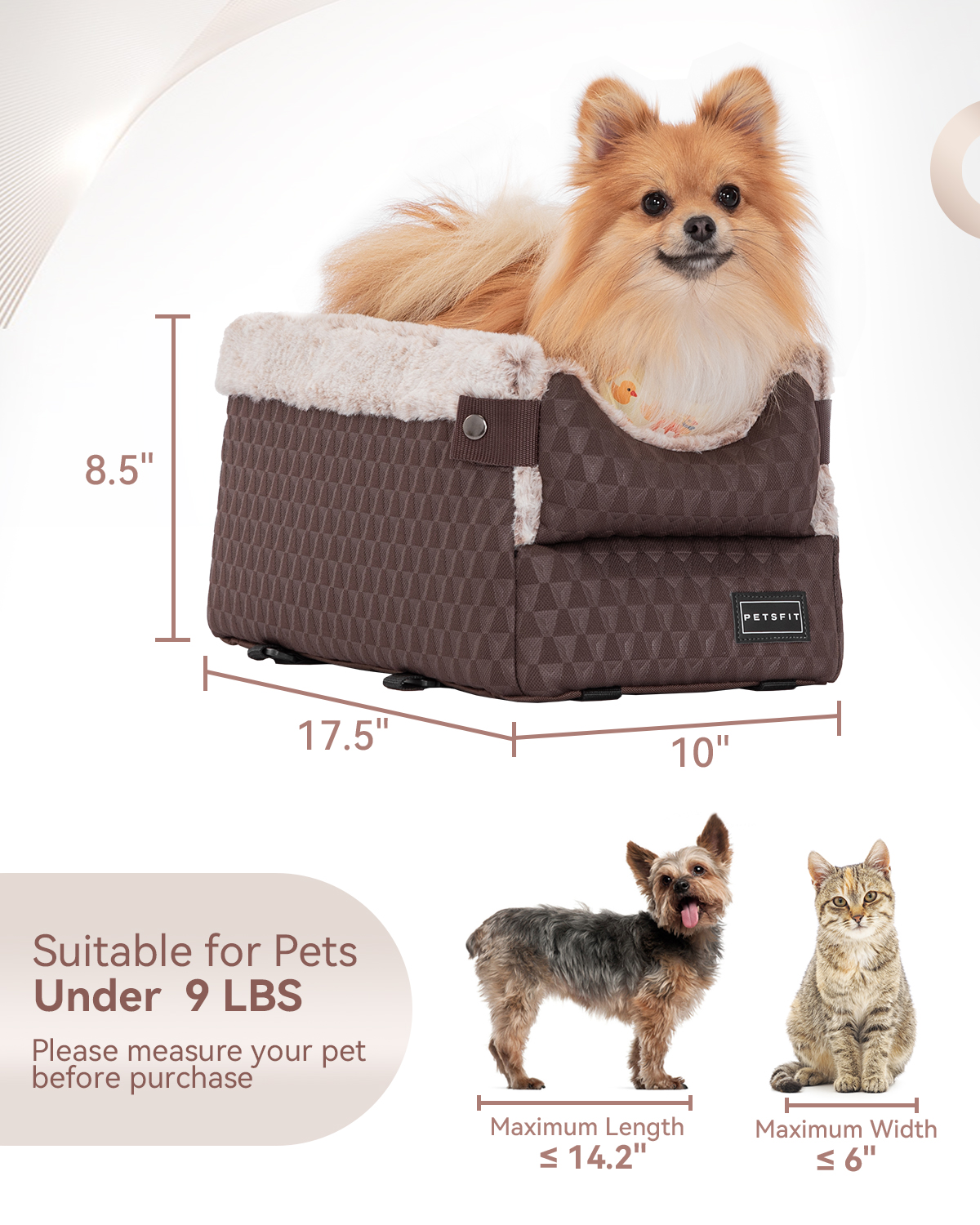 PETSFIT Center Console Dog Car Seat with Safe Protection Hooks, Pet Car Seat with Upgraded Safety Tethers, Washable Cushion, Console Dog Car Seats for Small Dogs (Brown)