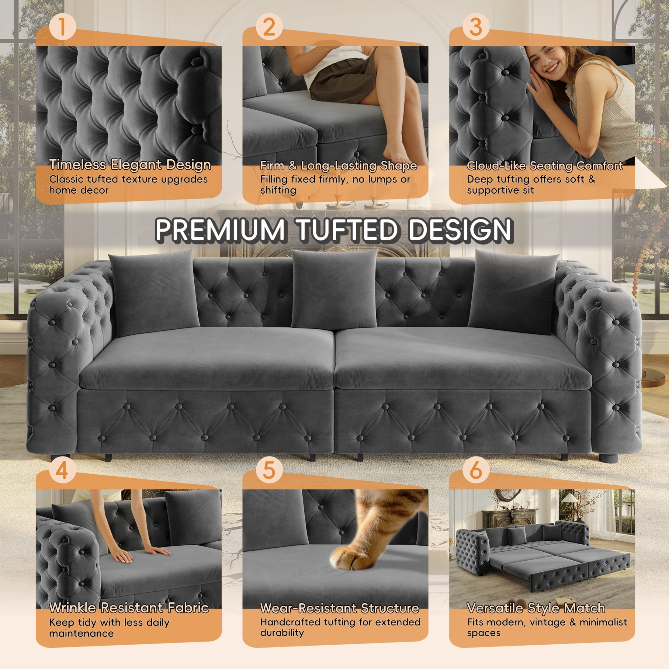 Noble House Belric 4-Seater Velvet Chesterfield Pull-Out Sofa Bed, Multifunctional 3-in-1 Tufted Sleeper Couch, Grey
