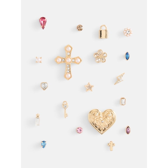 No Boundaries Women’s Gold Tone Pins Set with Heart and Cross, 19 Pieces
