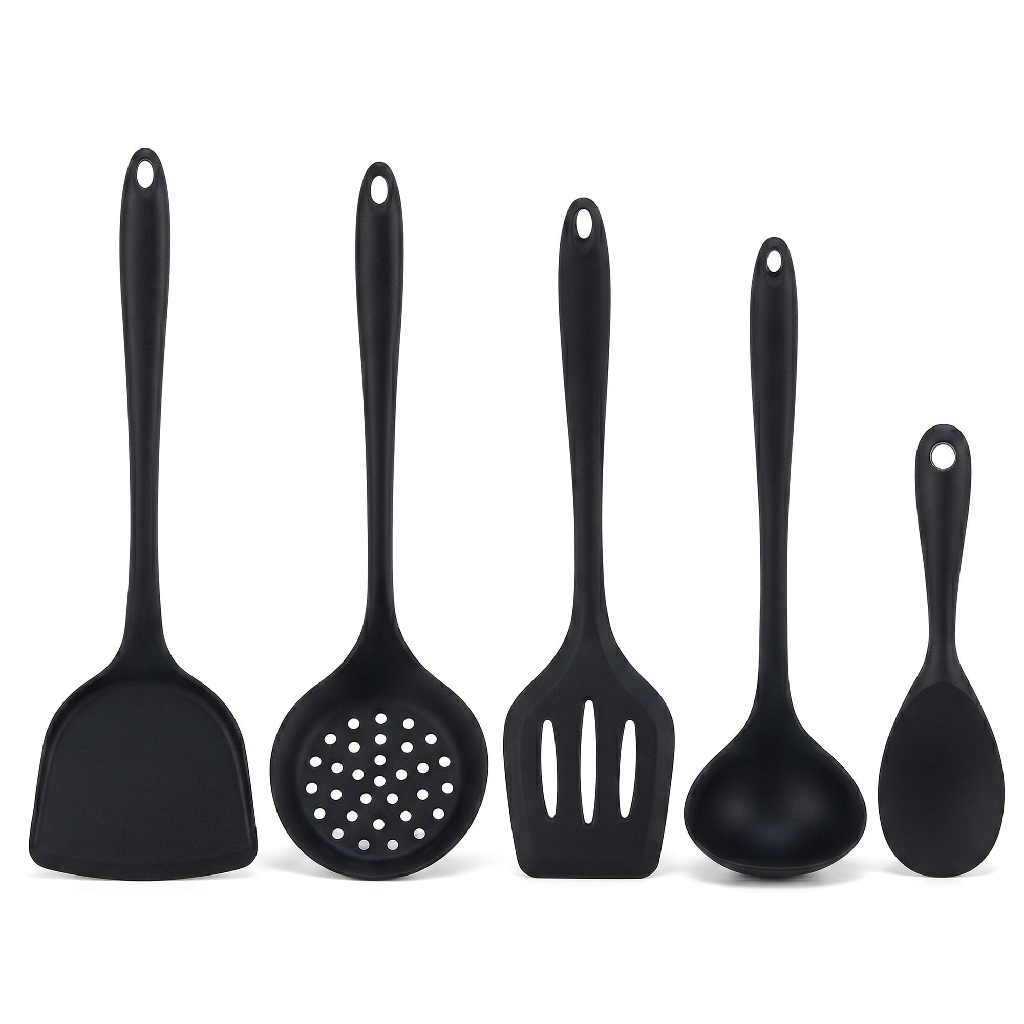 Unique Bargains 5 Pcs Solid Color Silicone Essential Kitchen Cooking Utensil Set Black