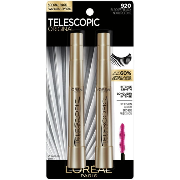 L'Oreal Paris Telescopic Original Washable Mascara, Blackest Black, 2 Pack