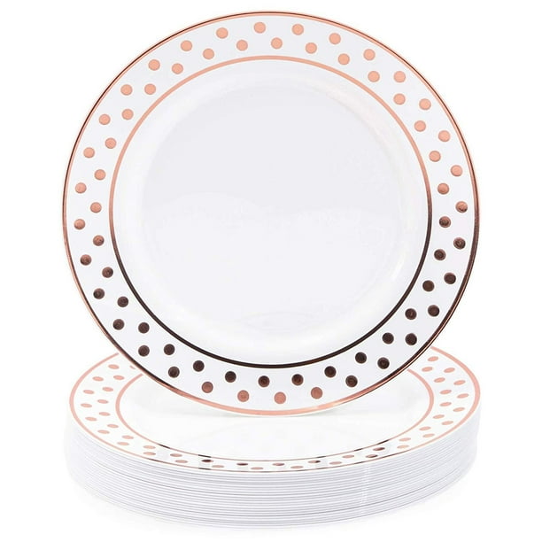 24 Packs Rose Gold Plastic Reusable Dinner Plates, Disposable