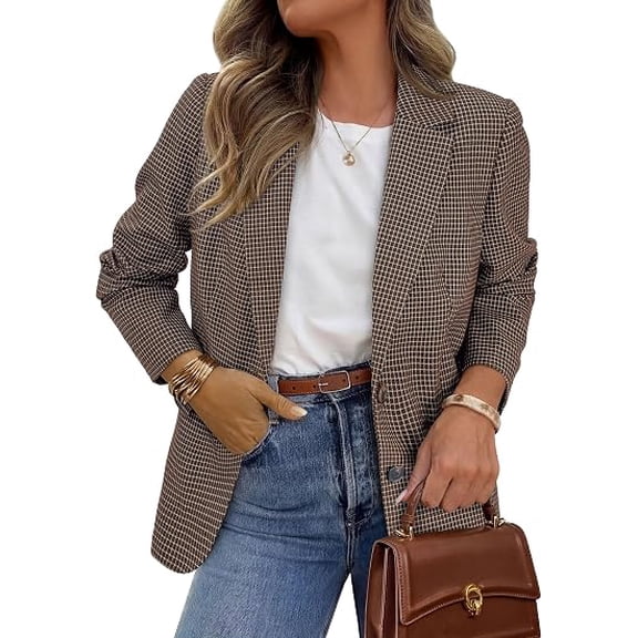 PRETTYGARDEN Fall Blazers for Women Business Casual | Long Sleeve Plaid Houndstooth, Notch Lapel Pockets, Oversized Blazer Outerwear, Trendy Suit Jackets, Winter Work Outfits