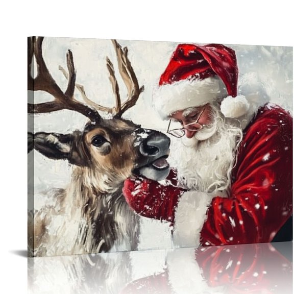 ARISTURING Santa Claus Reindeer Canvas Wall Art Christmas Wall Decor Winter Scene Painting Artwork Prints Xmas Home Decor  20x16in